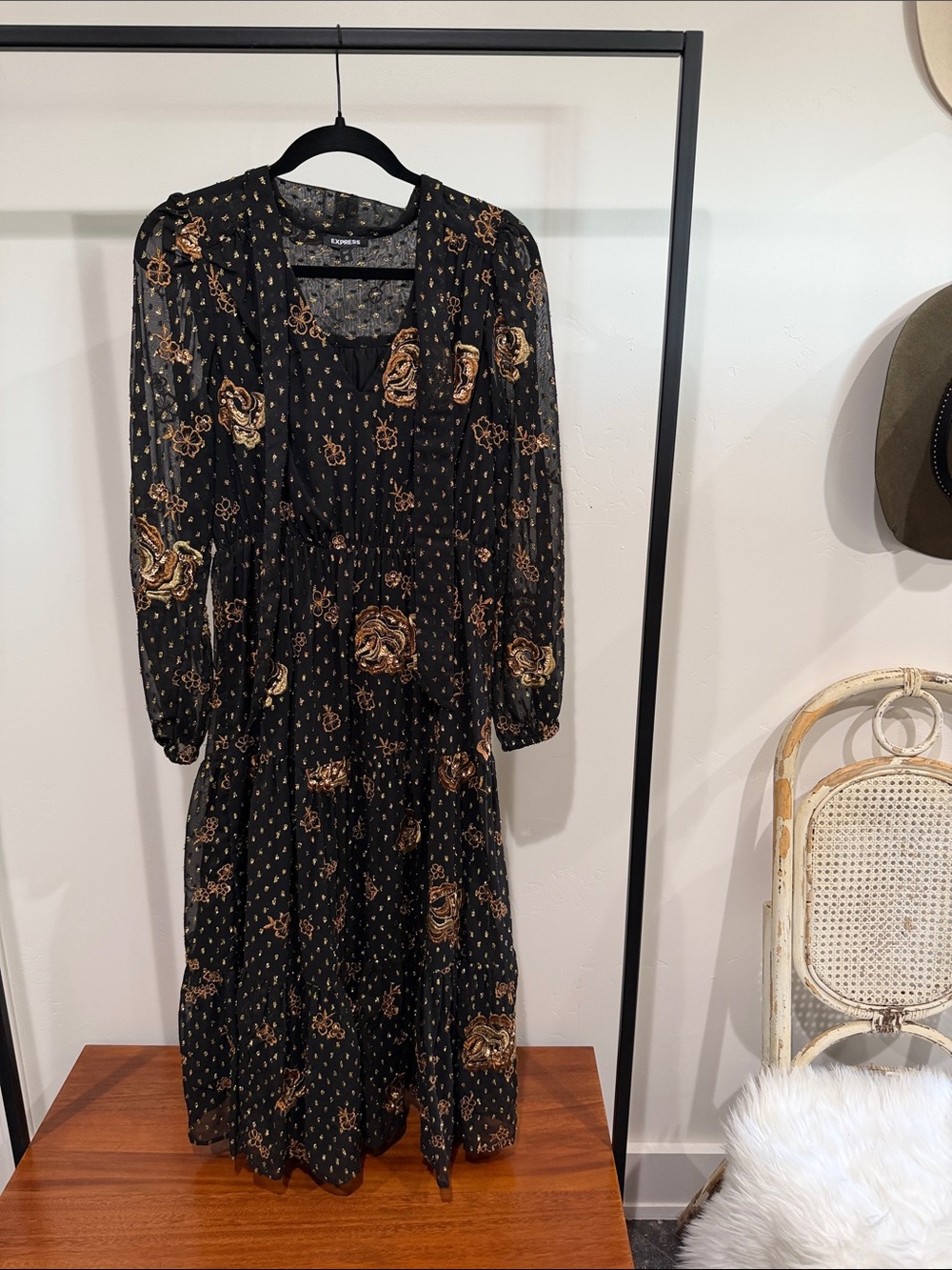 Express Black Long Sleeve Floral Tiered Midi Dress